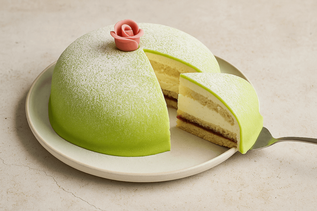 Swedish princess cake (prinsesstårta) with green marzipan and pink rose