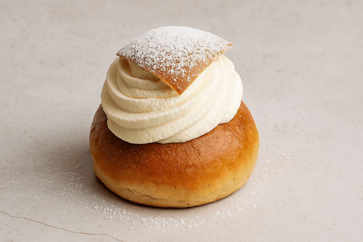 Swedish semla cream bun with almond paste and whipped cream